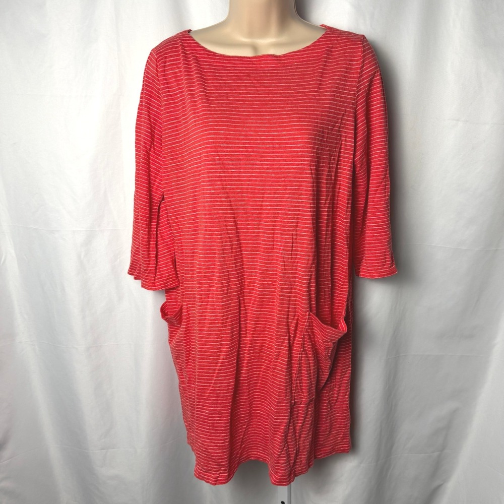 Eileen Fisher Organic 100% Linen Dress Red Stripe Shift Tunic Pockets 3/4 Sleeve